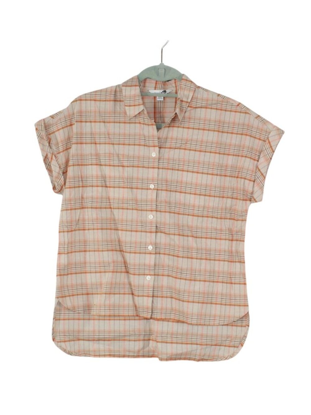 LL Bean Signature Plaid Button Front Shirt Beige Orange Cotton Short XXS